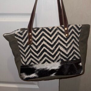 Myra Bag Chevron Patterned Tote Bag with Brown Accents